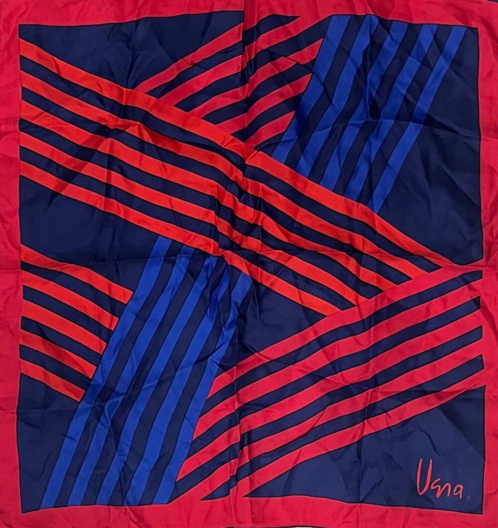 Vintage VERA Neumann Scarf ~  Signed ~ Red & Blue  ~ 23" x 23"